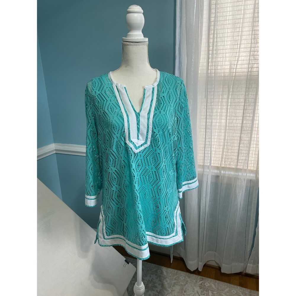 Peck & Peck Womens Teal Crochet Lace Tunic Top White Trim V-Neck Size L